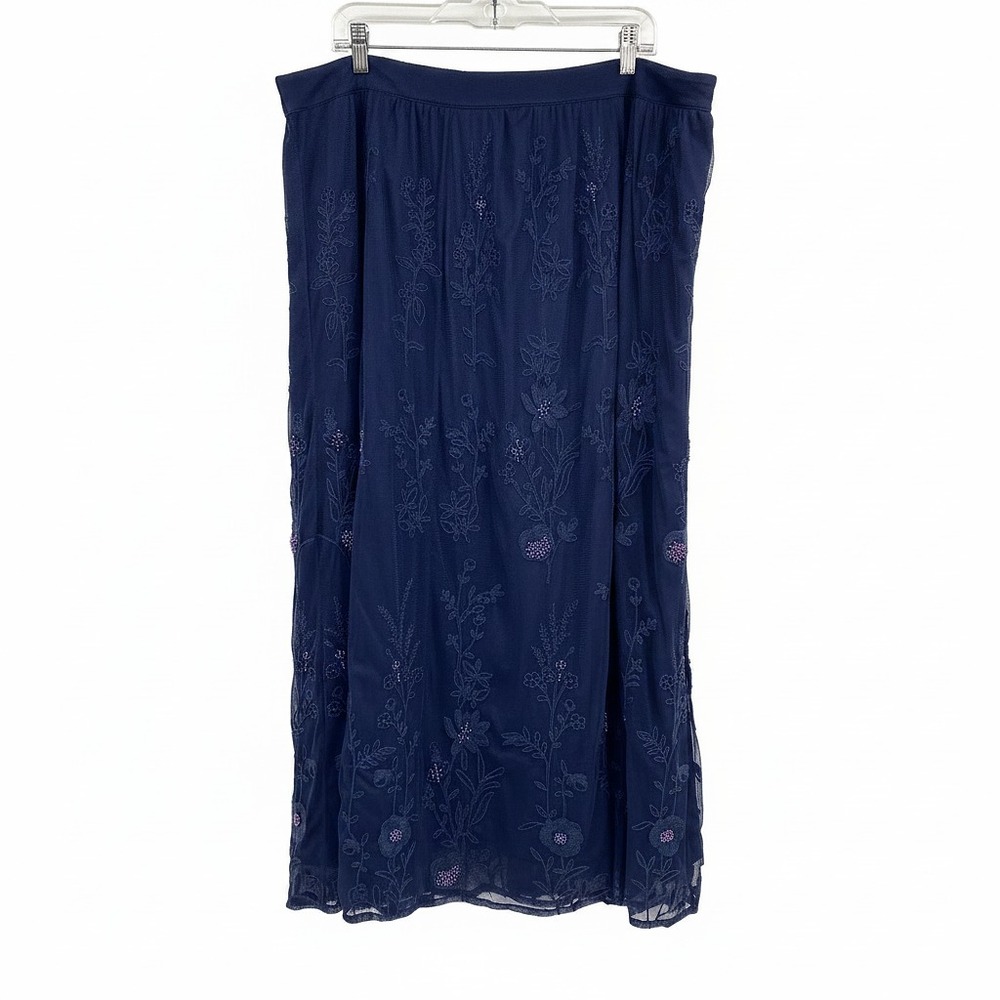 Soft Surroundings Blue Floral Beaded Midi Skirt | Plus 1X Regular